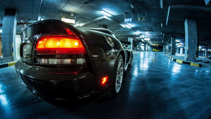 Black Dodge Viper in Parking Garage