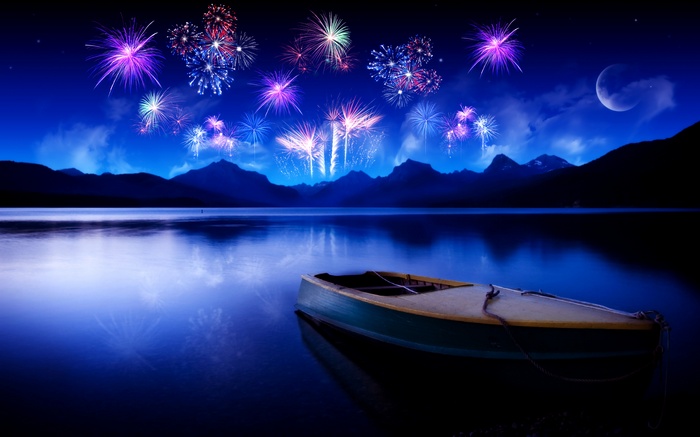 Fireworks over a lake with a boat and moon