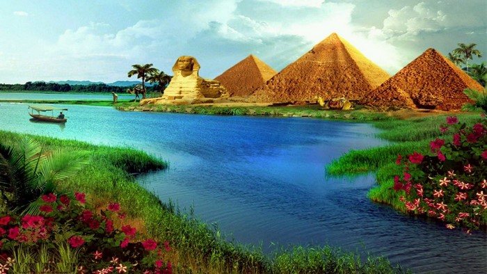 Fantasy Egypt with Pyramids and Sphinx by Water