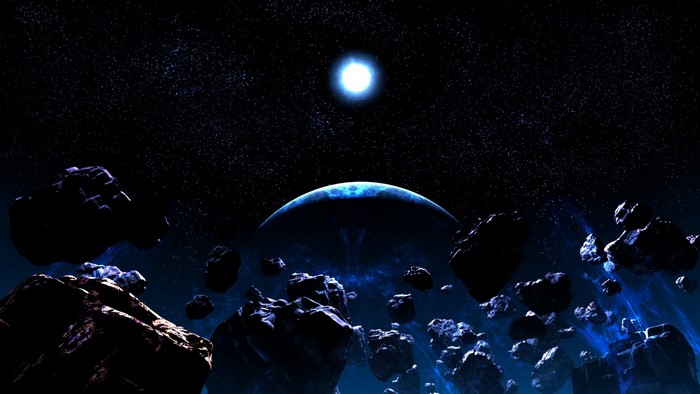 Asteroids in deep space with a planet and sun