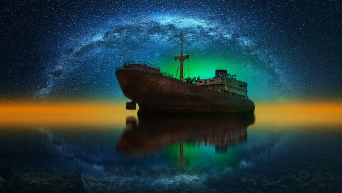 Abandoned ship under the Milky Way