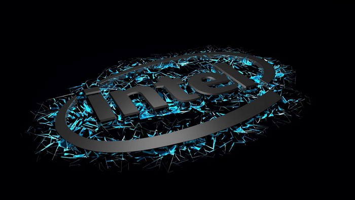Intel logo with shattered blue glass effect