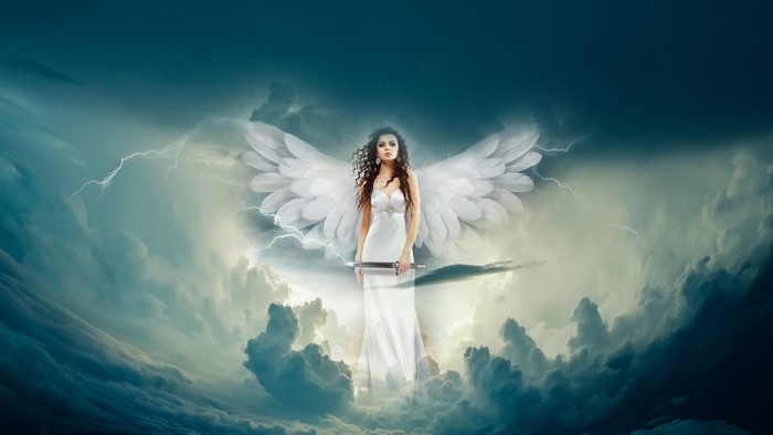 4K Angel with Sword in Stormy Sky