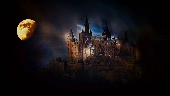 Hohenzollern Castle at night with a full moon