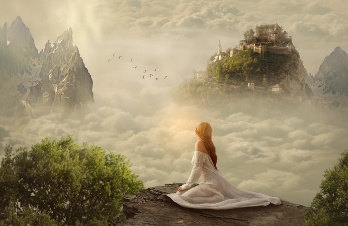 Woman on Cliff Overlooking Castle in Clouds 4K