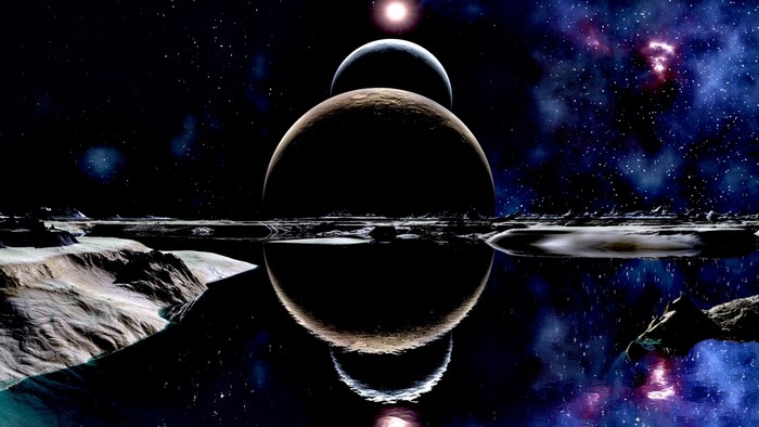Alien planet with two moons and a sun
