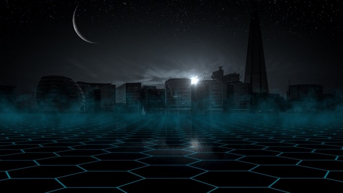 Futuristic Cityscape at Night with Crescent Moon