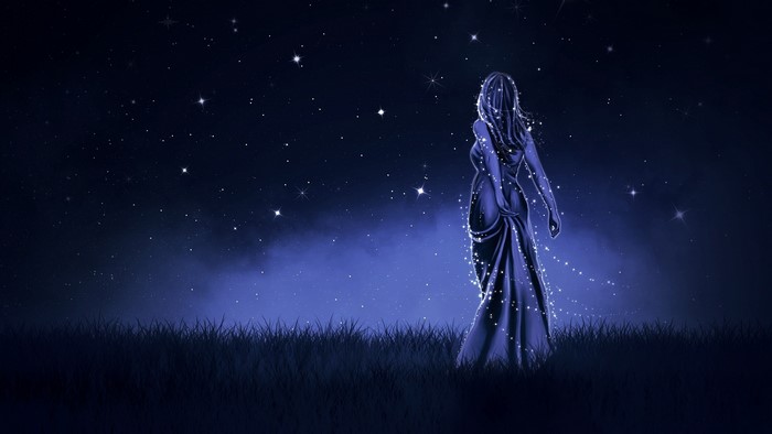 Girl in starry dress under night sky