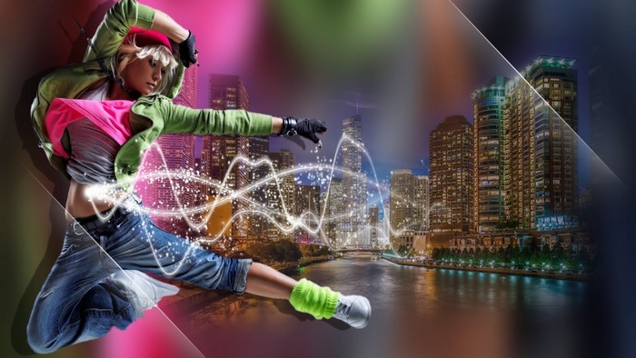 Dancer performing in front of a city skyline