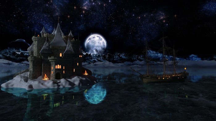Fantasy castle and ship under starry night sky