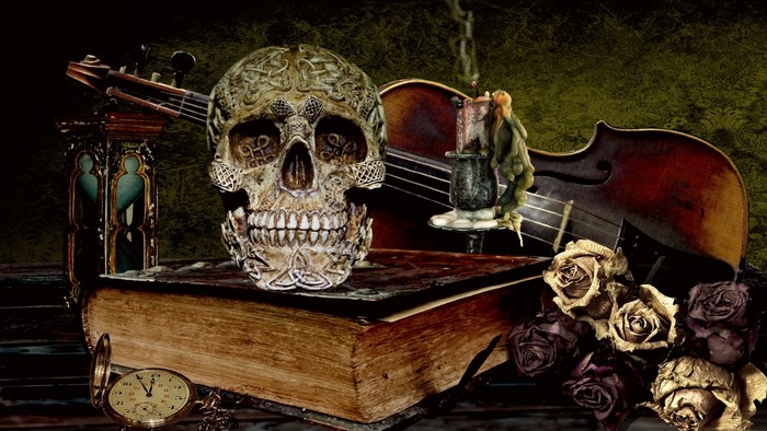 Still life with skull, violin, book, and roses