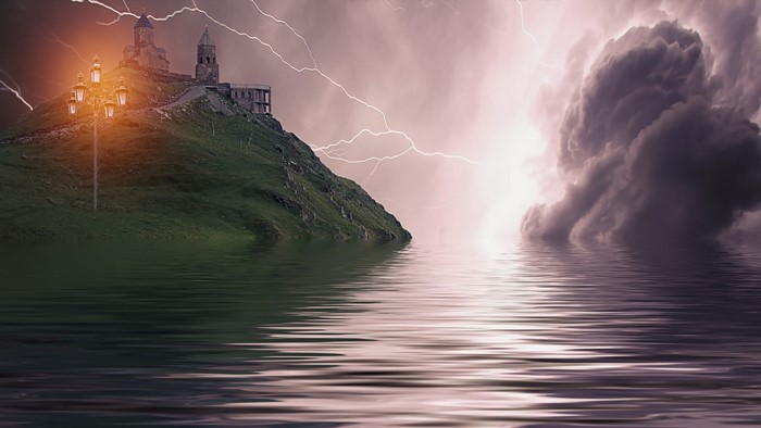 Abbey on a hill during a thunderstorm