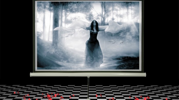 Woman in a dark dress with flowing fabric in a misty forest