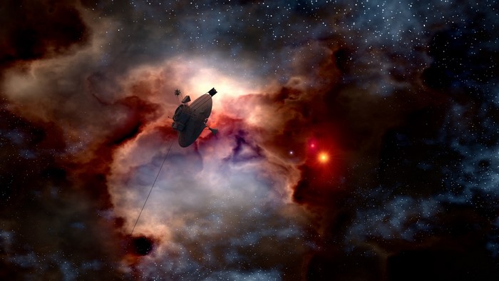 Space probe in a colorful nebula