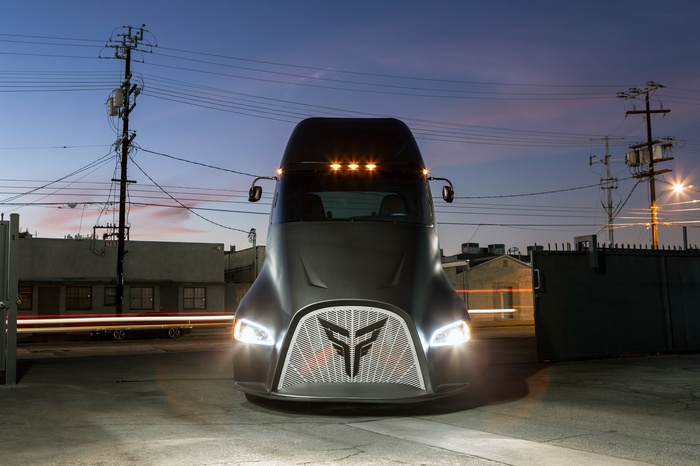 Thor Trucks prototype semi-trailer truck at dusk