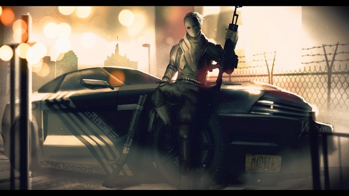 Character with rifle and car from APB Reloaded