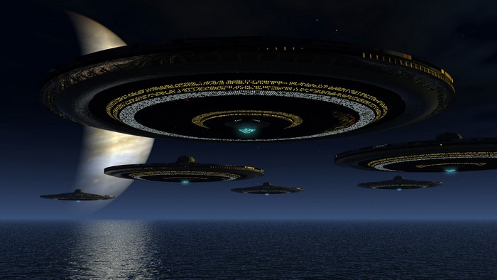 4K UFOs over the ocean with a planet in the background