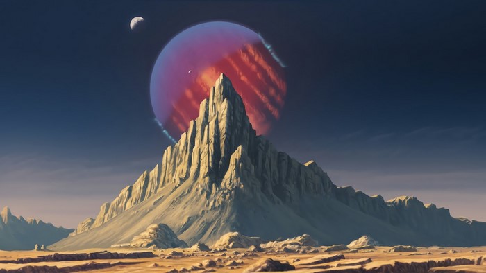 Alien planet with large mountain and red planet
