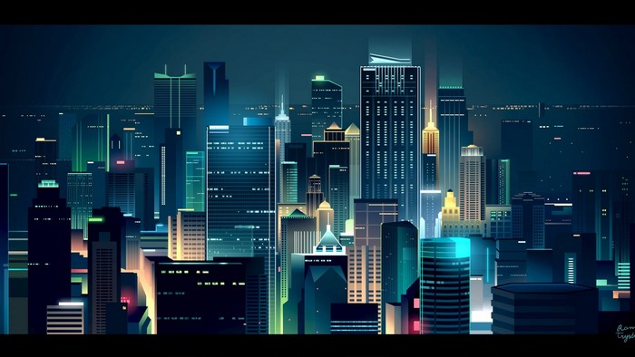 Cityscape at Night with Illuminated Skyscrapers
