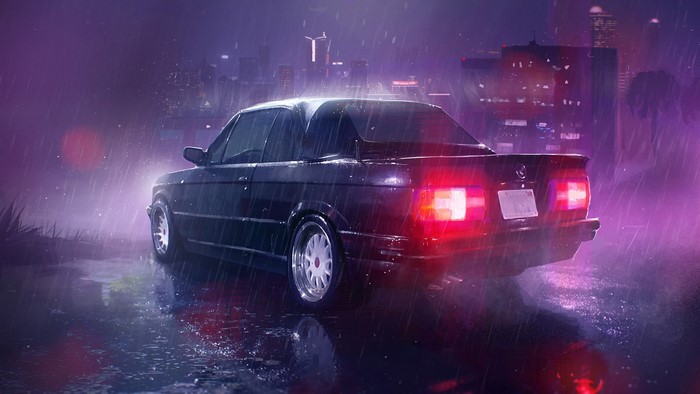 BMW E30 convertible in the rain at night