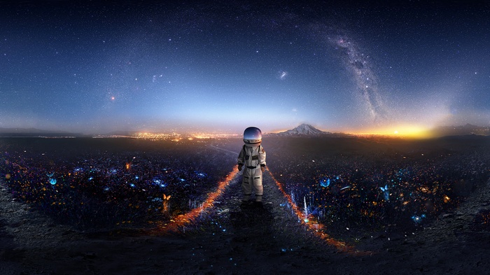 Astronaut standing on a surreal alien landscape under starry sky