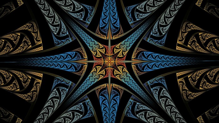Fractal pattern with blue, gold, and red colors