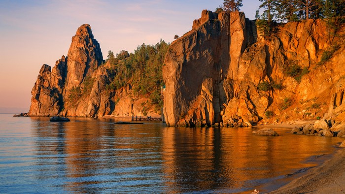 4K Baikal Lake Rocky Shoreline at Sunset