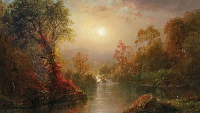 Autumn River Landscape with Sunlit Trees