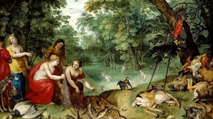 Diana and nymphs after the hunt in a forest