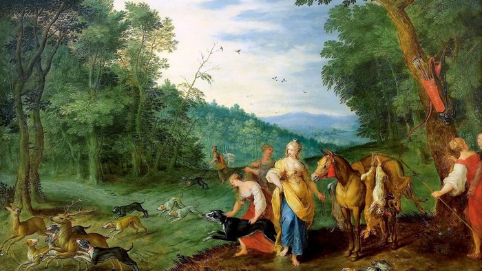 Diana on the hunt with dogs and horses