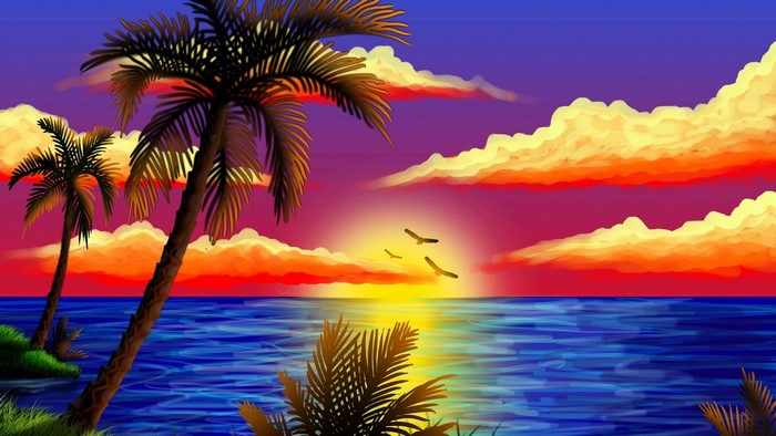 Tropical sunset over the ocean with palm trees