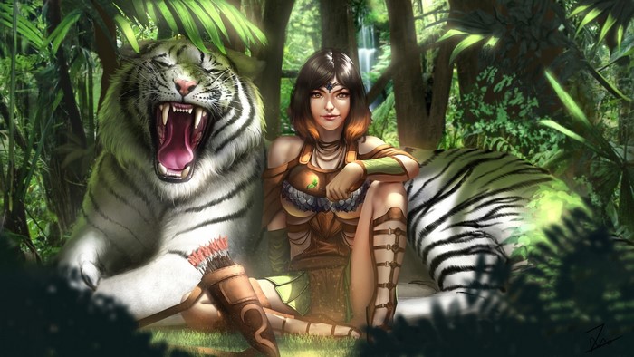 Girl with two white tigers in a jungle