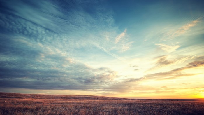 Field under a cloudy sky at sunset
