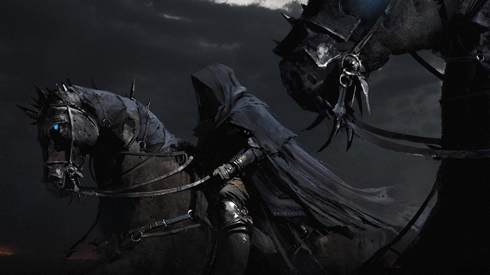 Two Nazgûl on horseback in a dark landscape