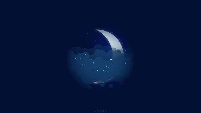 Crescent moon behind clouds with stars