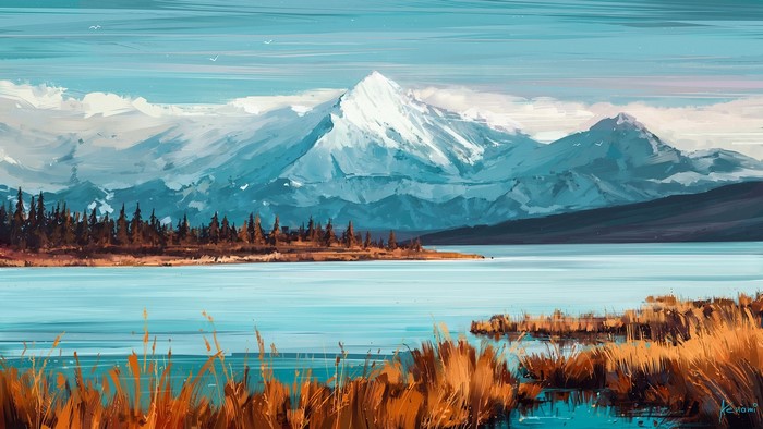 Snowy Mountains over a Lake with Autumn Grass