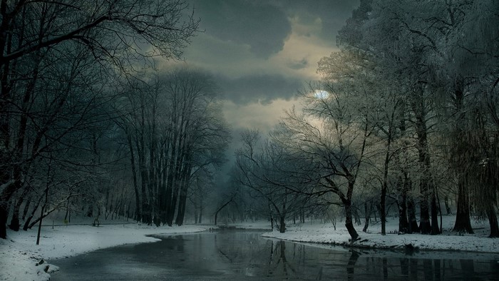 Winter river scene with bare trees and cloudy sky