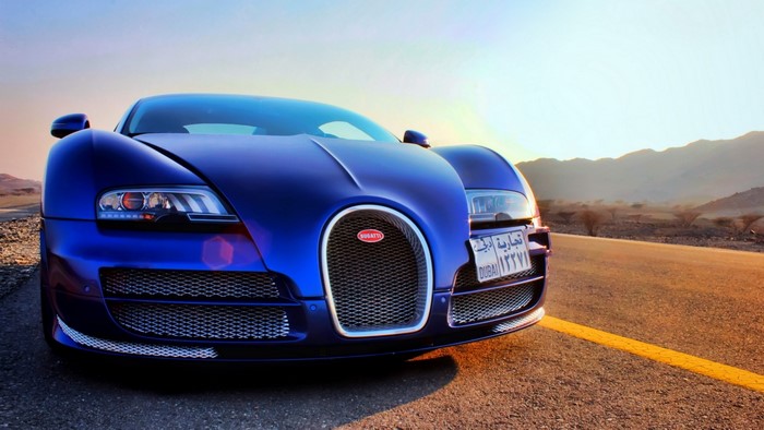 Blue Bugatti Veyron on a Desert Road