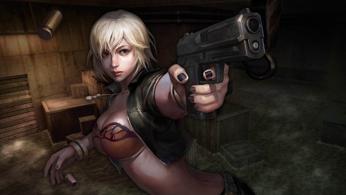 Woman holding a pistol in a dark room