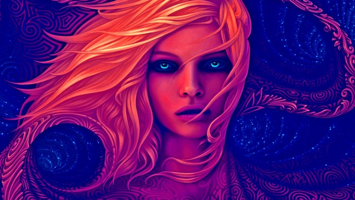 Woman with glowing blue eyes and flowing hair