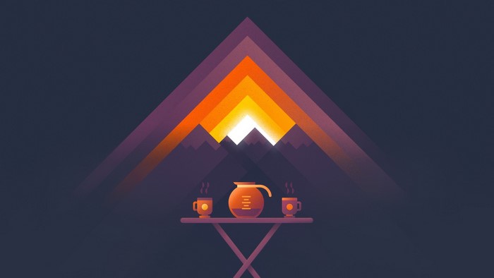 Minimalist sunset over mountains with coffee