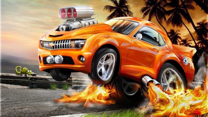 Orange Chevrolet Camaro with Supercharger and Flames