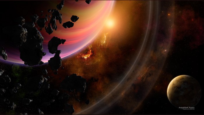 Space scene with planets and asteroids