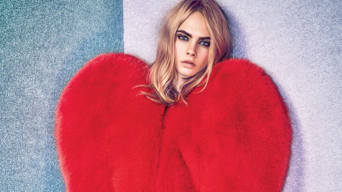Cara Delevingne in red fur coat