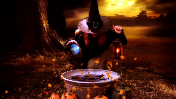 Witch with Earth and Lantern on Halloween