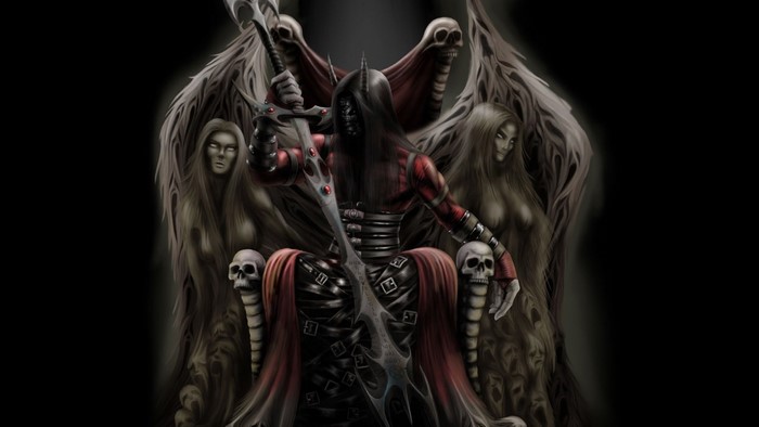 Mystic figure on a throne with skulls and winged figures