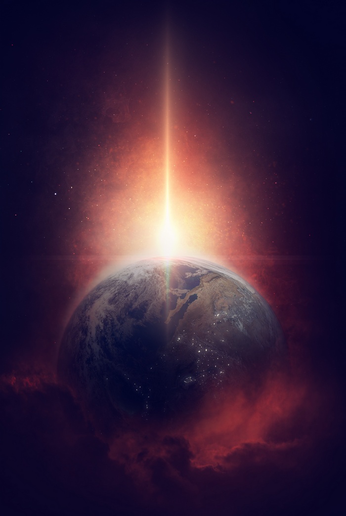 Earth with bright light beam from space
