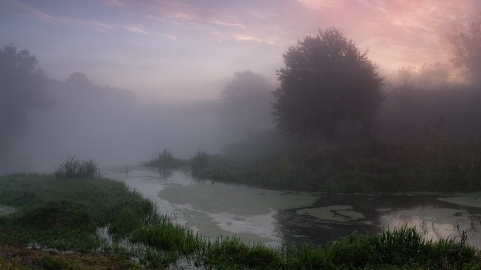 Misty river at sunrise with pink sky