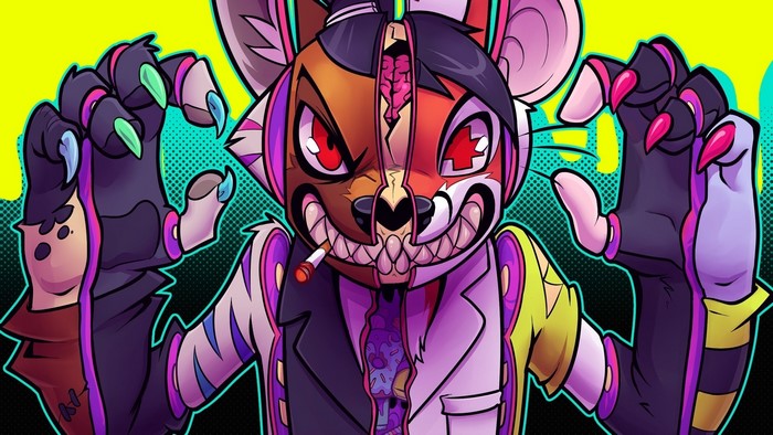 Gore cartoon character with exposed brain and organs