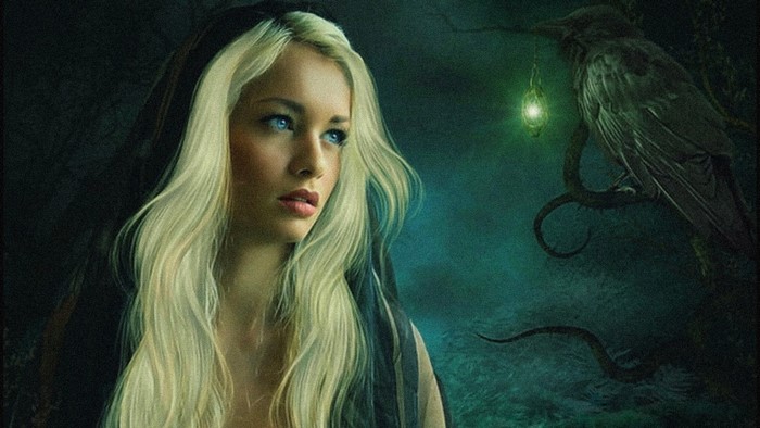 Mystic woman with blue eyes and a raven